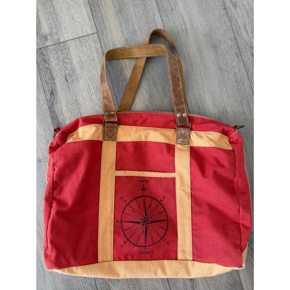 The Barrel Shack Red Canvas Tote Bag Leather Straps Compass Travel Weekender